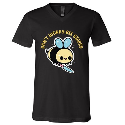 Don't Worry Bee Happy Whisperer Funny Bee Knife Quote V-Neck T-Shirt