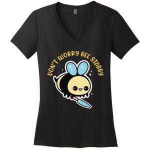 Don't Worry Bee Happy Whisperer Funny Bee Knife Quote Women's V-Neck T-Shirt