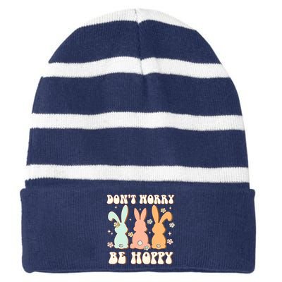 Don't Worry Be Hoppy Rabbit Cute Bunny Flowers Easter Day Striped Beanie with Solid Band