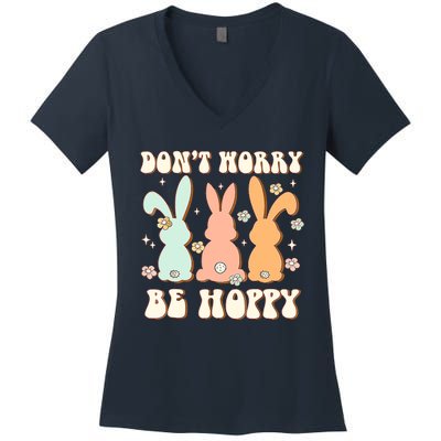 Don't Worry Be Hoppy Rabbit Cute Bunny Flowers Easter Day Women's V-Neck T-Shirt