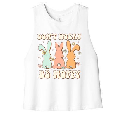 Don't Worry Be Hoppy Rabbit Cute Bunny Flowers Easter Day Women's Racerback Cropped Tank