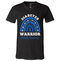 Diabetes Warrior Blue Ribbon T1D Type 1 Diabetes Awareness V-Neck T-Shirt