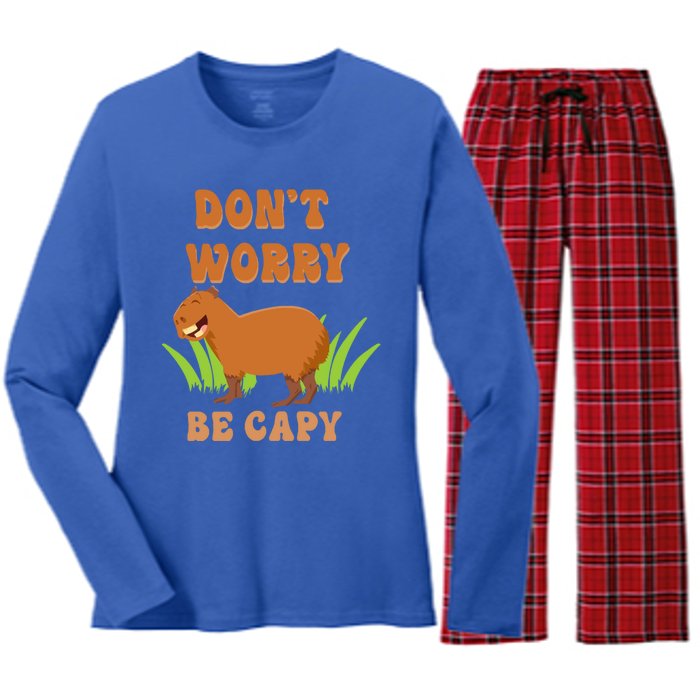 Don't Worry Be Capy Funny Capybara Rodent Pet Owners Women's Long Sleeve Flannel Pajama Set 