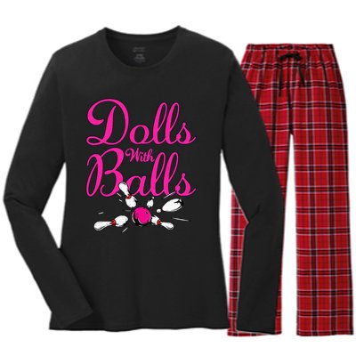 Dolls With Balls Funny Women Bowling Team Name Women's Long Sleeve Flannel Pajama Set 