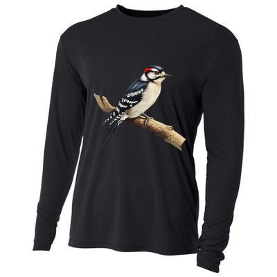 Downy Woodpecker Bird Lover Illustration Cooling Performance Long Sleeve Crew