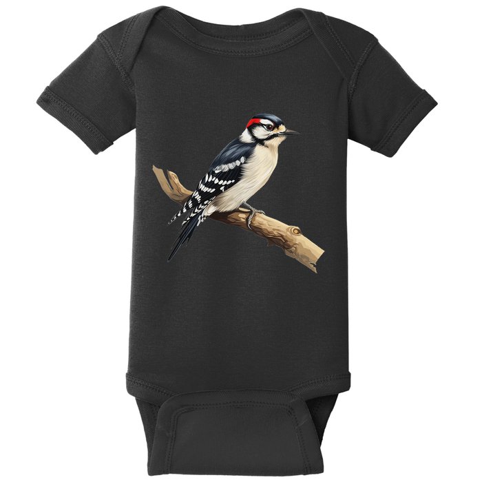 Downy Woodpecker Bird Lover Illustration Baby Bodysuit