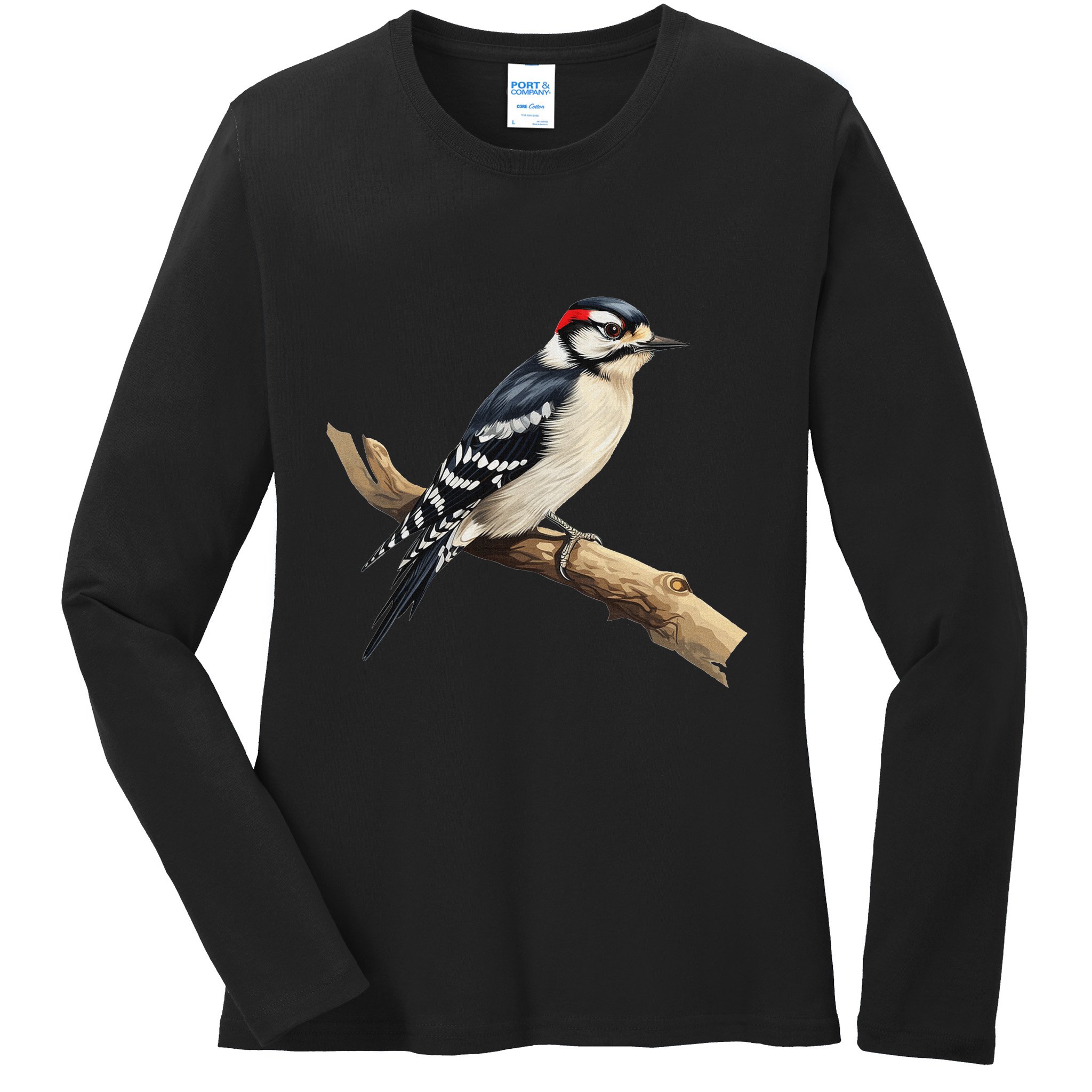 Downy Woodpecker Bird Lover Illustration Ladies Long Sleeve Shirt