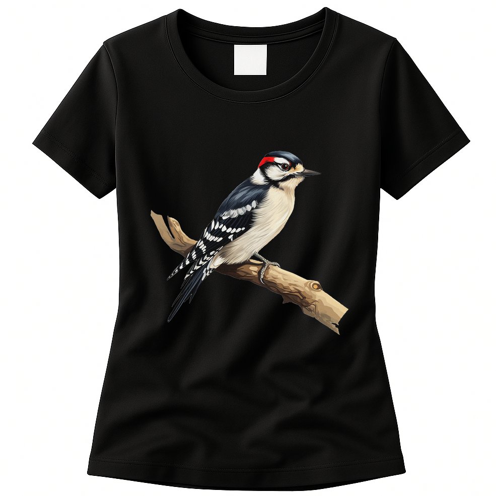 Downy Woodpecker Bird Lover Illustration Womens T-Shirt