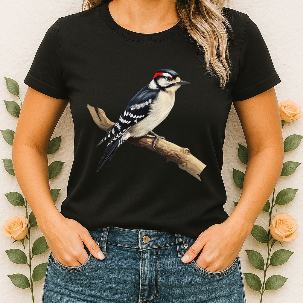 Downy Woodpecker Bird Lover Illustration Womens T-Shirt
