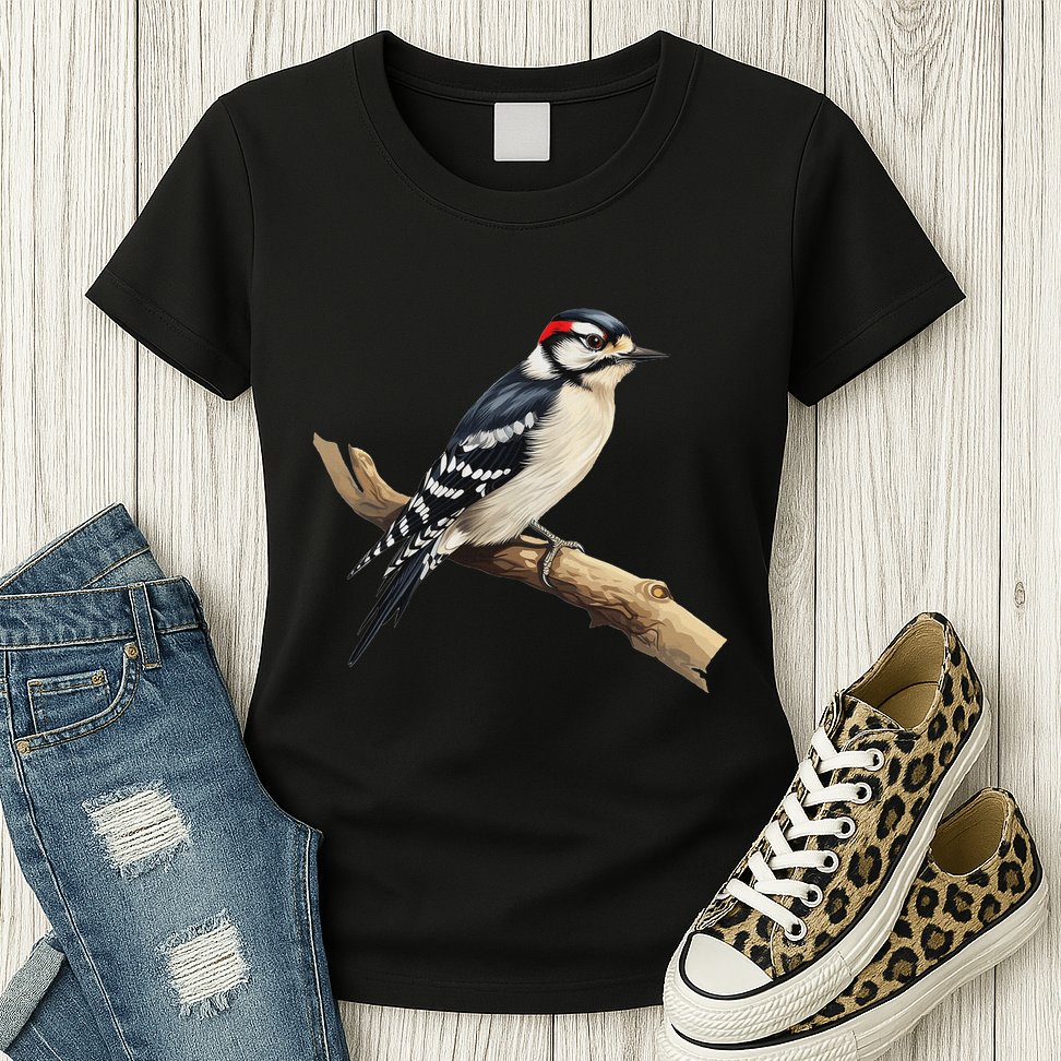Downy Woodpecker Bird Lover Illustration Womens T-Shirt
