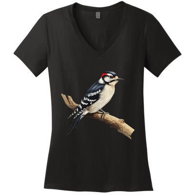 Downy Woodpecker Bird Lover Illustration Women's V-Neck T-Shirt