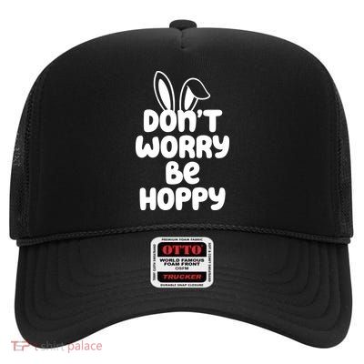 Don't Worry Be Hoppy Easter Bunny Holiday High Crown Mesh Back Trucker Hat
