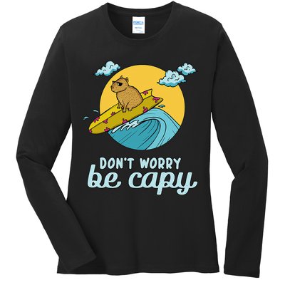 Don't Worry Be Capy Rodent South American Capybara Ladies Long Sleeve Shirt