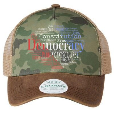 Democracy Word Cloud Art Election Red White And Blue Legacy Tie Dye Trucker Hat
