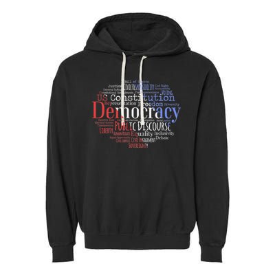 Democracy Word Cloud Art Election Red White And Blue Garment-Dyed Fleece Hoodie
