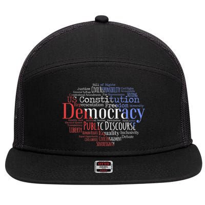 Democracy Word Cloud Art Election Red White And Blue 7 Panel Mesh Trucker Snapback Hat