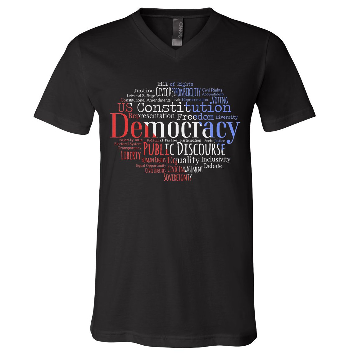 Democracy Word Cloud Art Election Red White And Blue V-Neck T-Shirt