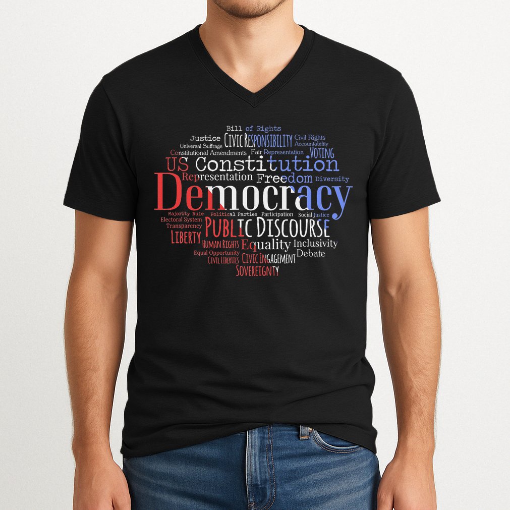 Democracy Word Cloud Art Election Red White And Blue V-Neck T-Shirt