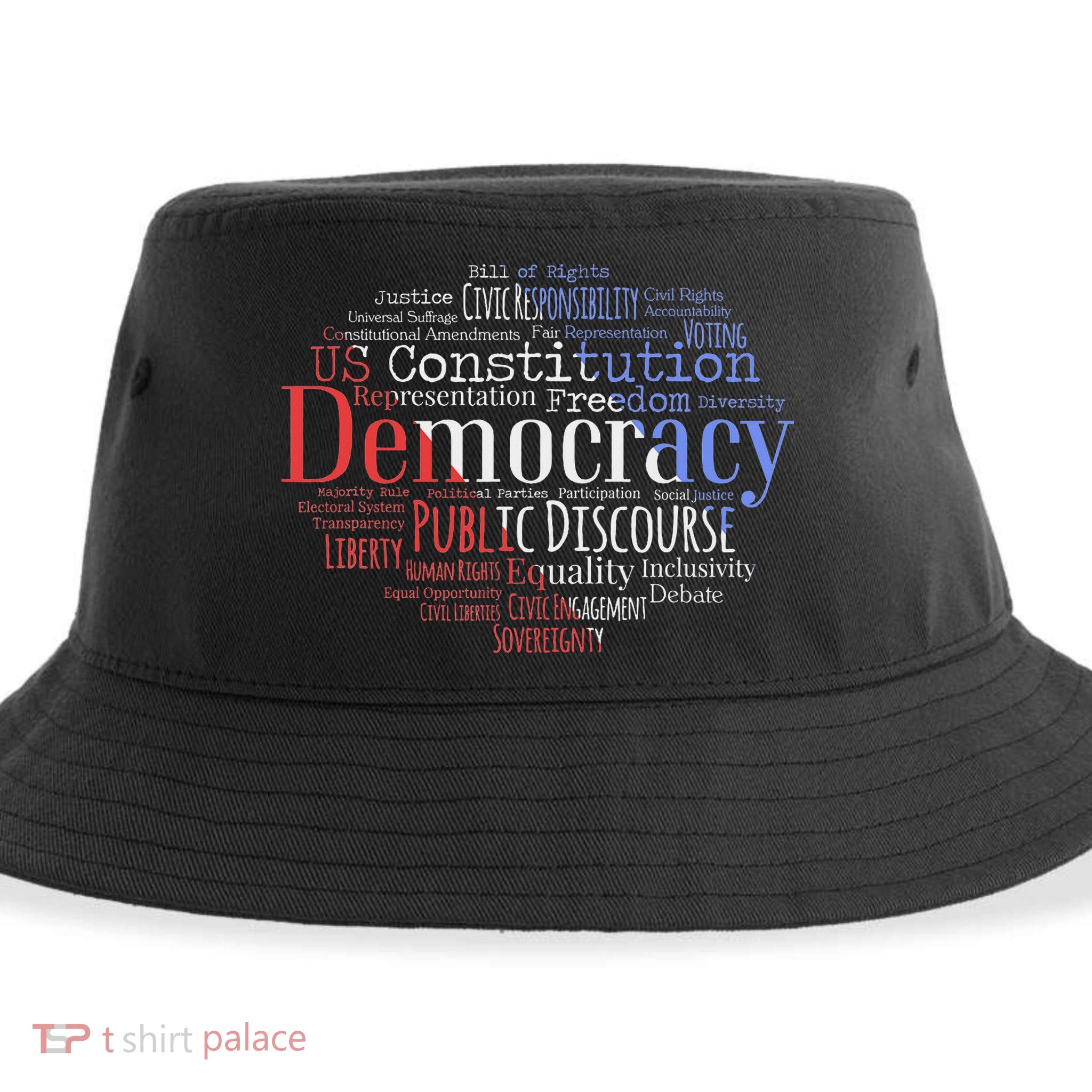 Democracy Word Cloud Art Election Red White And Blue Sustainable Bucket Hat