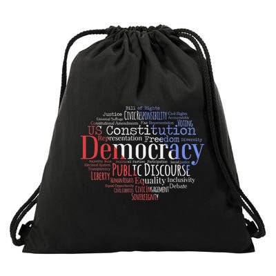 Democracy Word Cloud Art Election Red White And Blue Drawstring Bag
