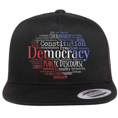 Democracy Word Cloud Art Election Red White And Blue Flatbill Hat