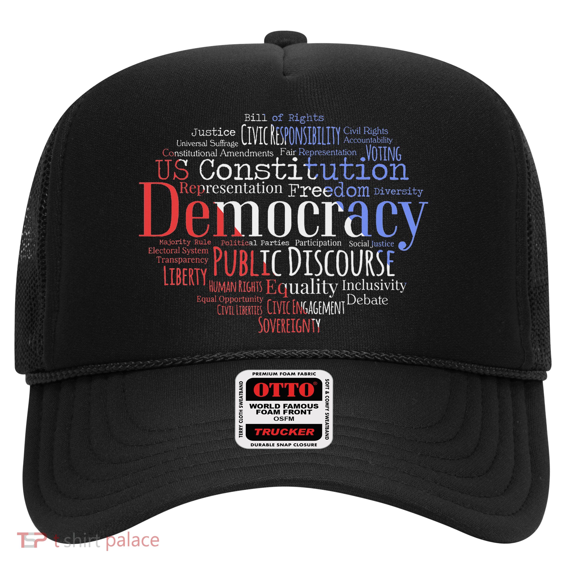 Democracy Word Cloud Art Election Red White And Blue Trucker Hat