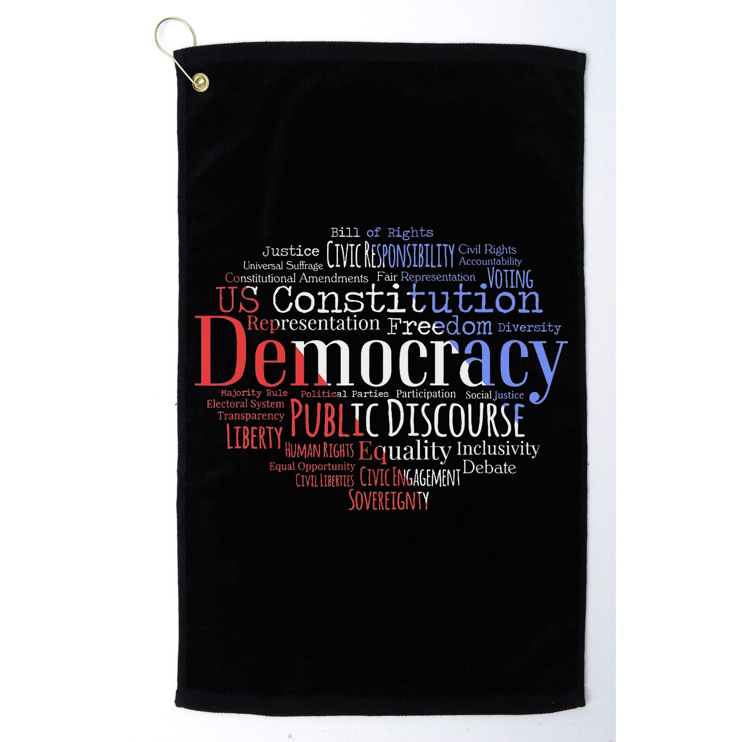 Democracy Word Cloud Art Election Red White And Blue Golf Towel