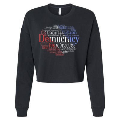 Democracy Word Cloud Art Election Red White And Blue Cropped Pullover Crew