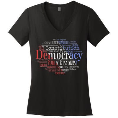 Democracy Word Cloud Art Election Red White And Blue Women's V-Neck T-Shirt