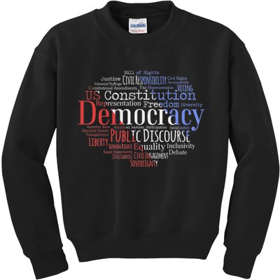 Democracy Word Cloud Art Election Red White And Blue Kids Sweatshirt