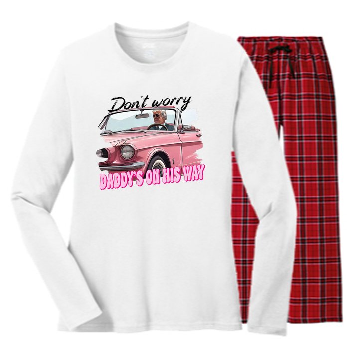 Dont Worry Daddys On His Way Funny Trump In Car 2024 Women's Long Sleeve Flannel Pajama Set 