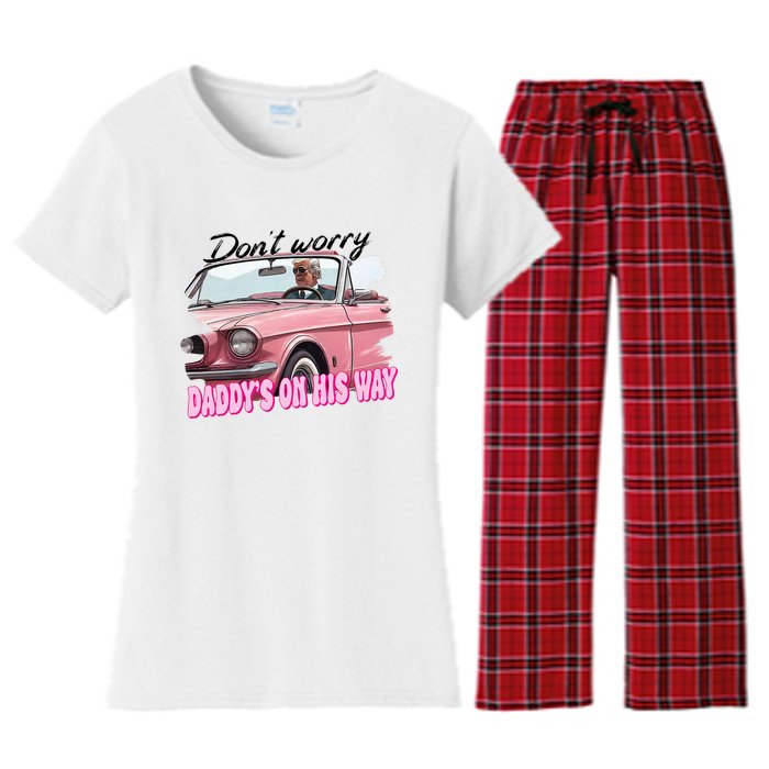 Dont Worry Daddys On His Way Funny Trump In Car 2024 Women's Flannel Pajama Set