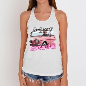 Dont Worry Daddys On His Way Funny Trump In Car 2024 Women's Knotted Racerback Tank