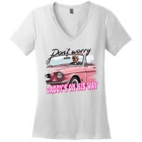 Dont Worry Daddys On His Way Funny Trump In Car 2024 Women's V-Neck T-Shirt