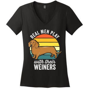 Dachshund Weiner Dog Real Play With Their Weiners Women's V-Neck T-Shirt