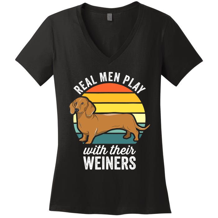 Dachshund Weiner Dog Real Play With Their Weiners Women's V-Neck T-Shirt