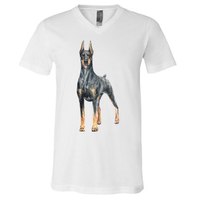 Doberman Watercolor Dog V-Neck T-Shirt