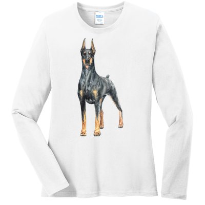 Doberman Watercolor Dog Ladies Long Sleeve Shirt