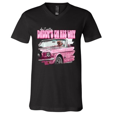 DonT Worry DaddyS On His Way Funny Donald Trump Pink 2024 V-Neck T-Shirt