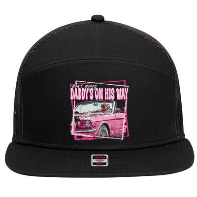 Dont Worry Daddys On His Way Funny Trump In Pink Car 2024 7 Panel Mesh Trucker Snapback Hat