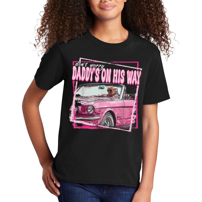 Dont Worry Daddys On His Way Funny Trump In Pink Car 2024 Kids T-Shirt