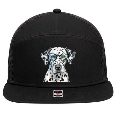 Dalmatian Watercolor Dog Wearing Glasses 7 Panel Mesh Trucker Snapback Hat