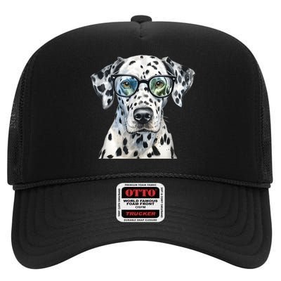 Dalmatian Watercolor Dog Wearing Glasses High Crown Mesh Back Trucker Hat