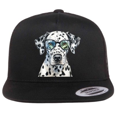 Dalmatian Watercolor Dog Wearing Glasses Flat Bill Trucker Hat