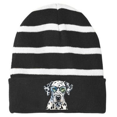 Dalmatian Watercolor Dog Wearing Glasses Striped Beanie with Solid Band