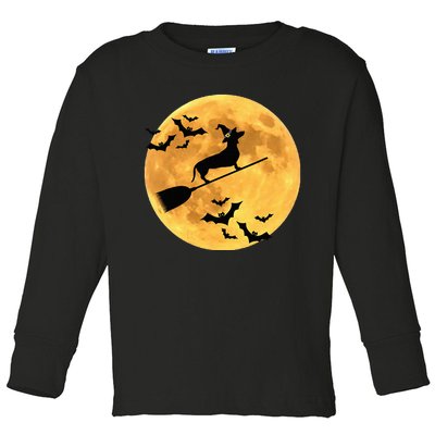 Dachshund Witch Dog Halloween Moon Broomstick Broom Toddler Long Sleeve Shirt