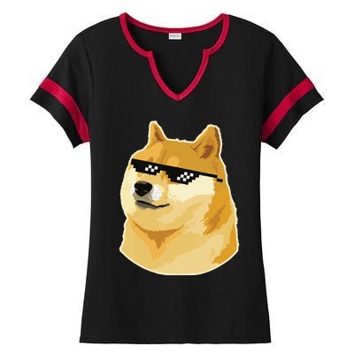 Doge With Deal With It Glasses Ladies Halftime Notch Neck Tee