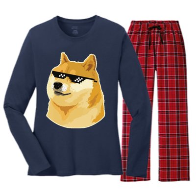 Doge With Deal With It Glasses Women's Long Sleeve Flannel Pajama Set 