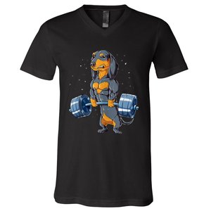 Dachshund Weightlifting Funny Gift For Deadlift Men Fitness Gym Gifts V-Neck T-Shirt