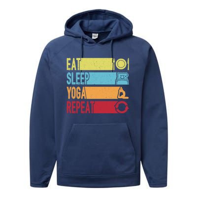 Daily Workout Gift Vintage Eat Sleep Yoga Repeat Gym Gift Performance Fleece Hoodie